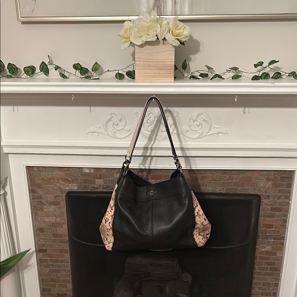 Rare COACH Black/Tan Satchel /Shoulder Bag- embossed snake skin-like material